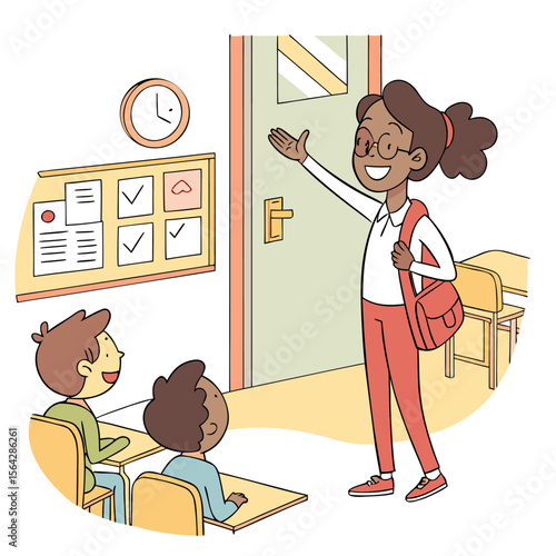 A friendly teacher with a backpack waves hello to students sitting at desks in a bright classroom with a bulletin board and clock
