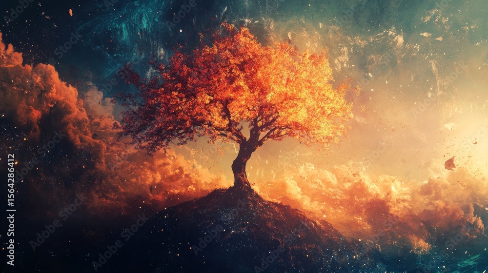 Vibrant fantasy landscape with a lone tree, glowing with orange light and surrounded by clouds. Vibrant fantasy landscape with a lone tree, glowing with orange light and surrounded by clouds.