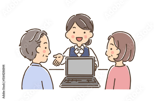 中年の夫婦にパソコン画面を見せながら説明をする事務服の女性