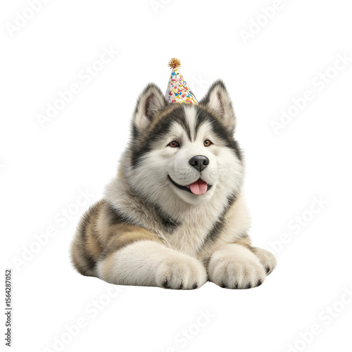Adorable Alaskan Malamute Puppy Wearing a Birthday Party Hat