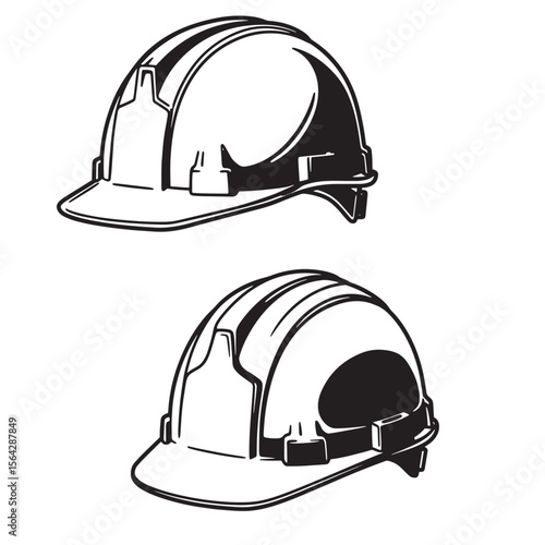 Vector illustration of two safety construction helmets in black and white an ornament set