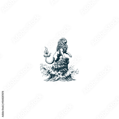 mighty lion sits on a rock wave design vector template illustration