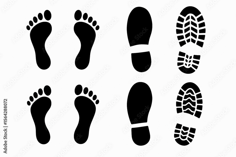 Footprint Icon Vector Set - Human Barefoot, Shoe, Boot, and Sneaker Track Silhouette Collection Footprint Icon Vector Set - Human Barefoot, Shoe, Boot, and Sneaker Track Silhouette Collection
