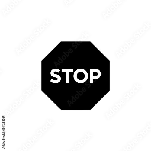 Classic black octagon icon with “STOP” label indicating caution, command, or regulatory signage.