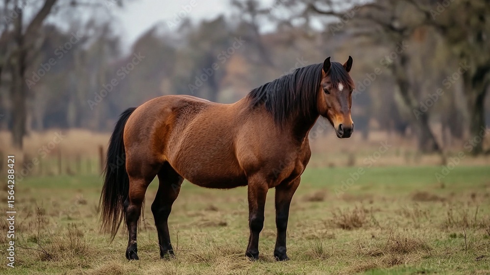 Brown Horse on Meadow Closeup, Outdoor Pasture Animal, Healthy Domestic Horse, Rural Livestock Nature Scene Brown Horse on Meadow Closeup, Outdoor Pasture Animal, Healthy Domestic Horse, Rural Livestock Nature Scene