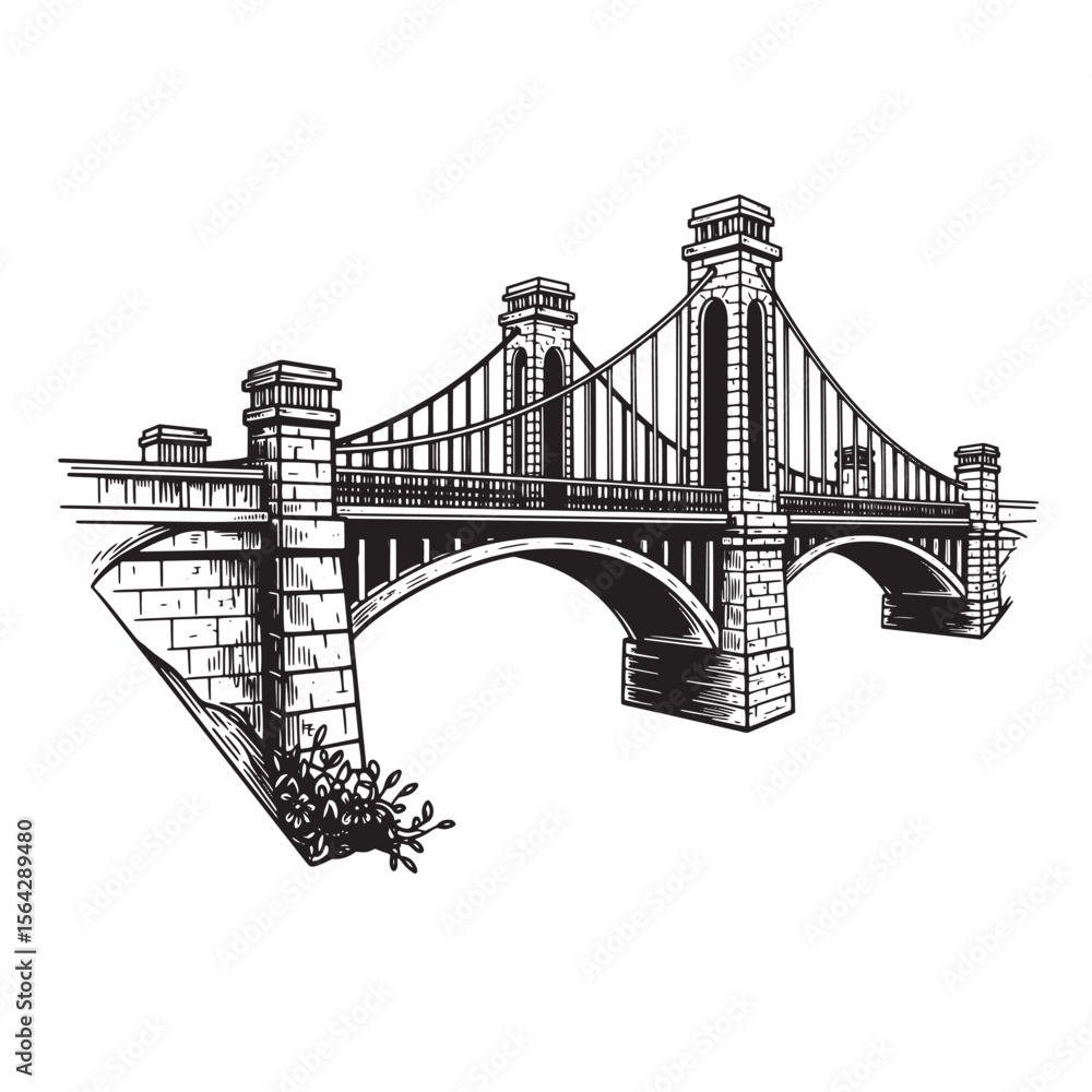 Fototapeta premium An intricately detailed black and white illustration of a classic bridge design with architectural elements