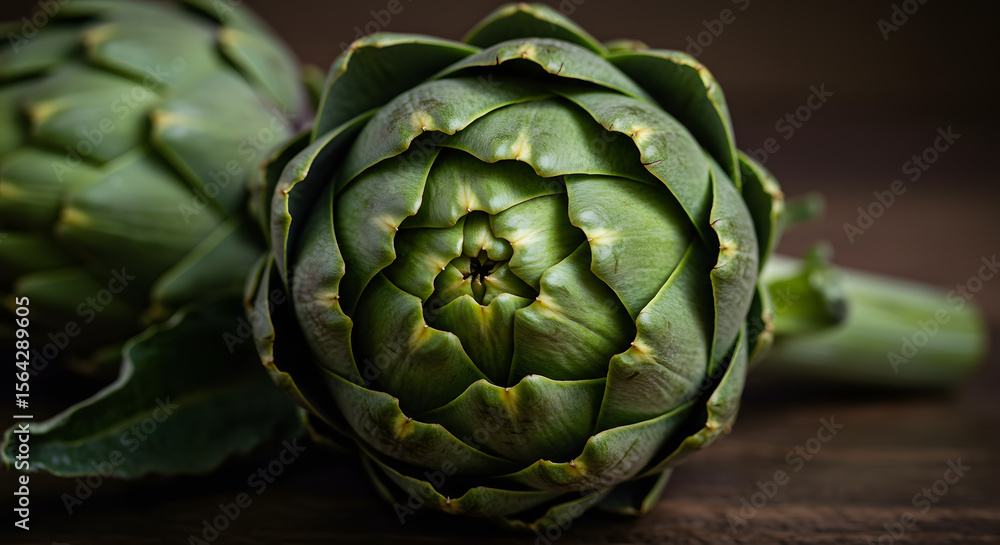 Fototapeta premium Fresh Green Artichoke with Bright, Layered Leaves on Dark Wooden Surface