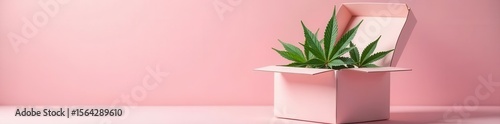 Pastel pink background, open eco gift box with cannabis leaves , celebration, plant, gift