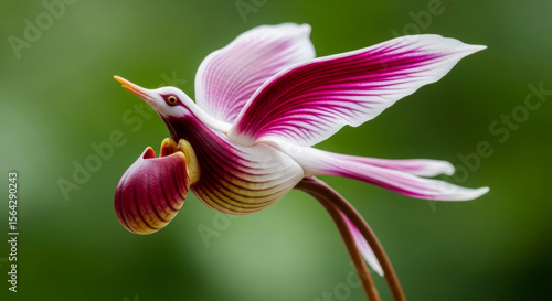 Wallpaper Mural A stunning flower shaped like a bird in flight, with elegant pink and white petals resembling wings, set against a soft green background. a perfect blend of nature and art. Torontodigital.ca