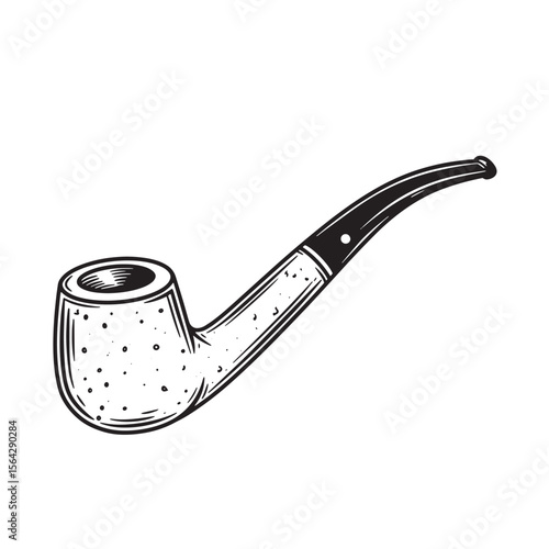 Detailed black and white illustration of a classic tobacco pipe isolated on white background