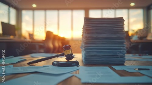 Gavel & stack of papers on desk with sunrise backdrop