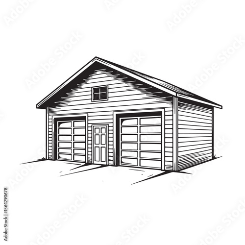 Detailed black and white vector illustration of a rustic garage building with garage doors and a small door.