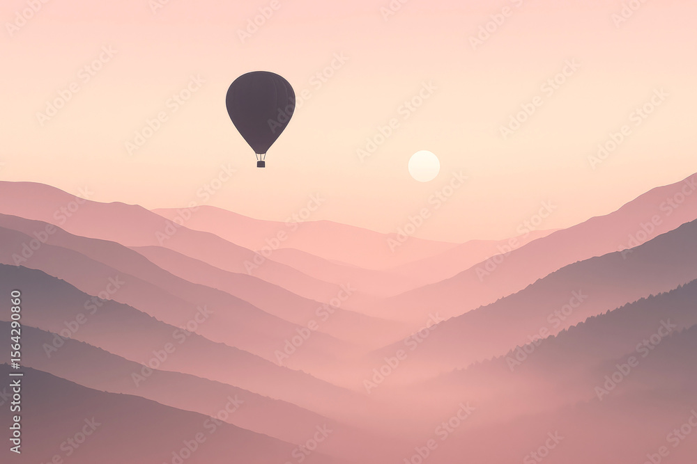 Fototapeta premium Dark hot air balloon floating over pink misty mountain layers at sunrise misty mountains