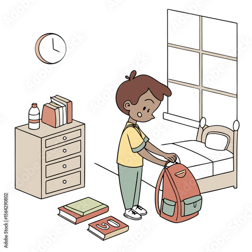 Young boy packing his backpack in his bedroom getting ready for school or an adventure with books and a clock indicating morning