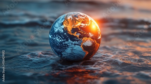 A 3D Model of the Earth with a Glowing Sunlight Effect Floating on the Ocean Waves