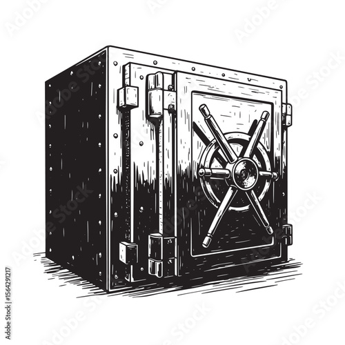 Hand drawn detailed illustration of a vintage bank vault representing security and protection for financial assets