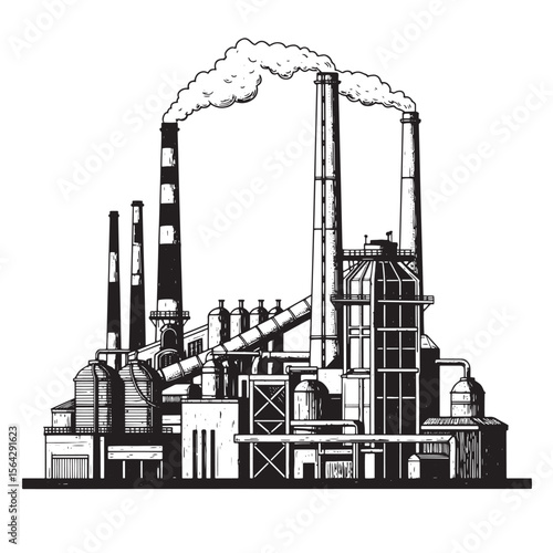 Industrial factory illustration depicting manufacturing plant with smoke stacks producing emissions in a black and white style