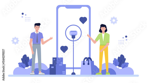 Two people showcasing products by a large phone screen. Suitable for technology promotions, online shopping, digital advertising, and marketing concepts.