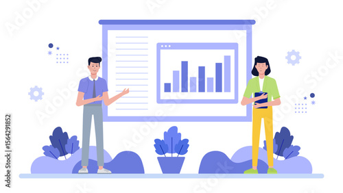 Ideal for business presentations and financial reports two individuals showcasing a bar graph, illustrating progress and statistics visually.