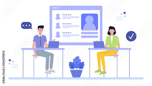 Two people analyzing online customer feedback. Suitable for business presentations, marketing materials, social media posts, and customer service concepts.