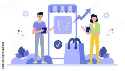Micro stock image of two people engaged in online shopping indicating the growth of ecommerce, perfect for website banners and social media posts.