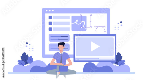 Man editing video on laptop. Suitable for technology, freelance, video editing, work from home, digital nomad, technology blogs, and social media content.