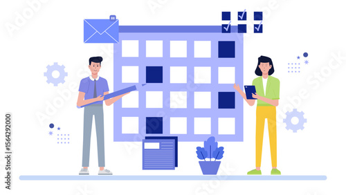Two people using a large calendar to plan tasks. Ideal for event planning, scheduling, teamwork, time management concepts.