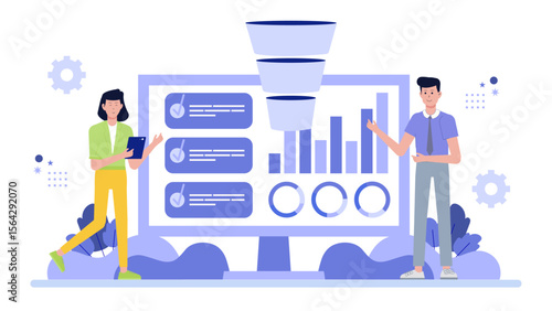 Businesspeople examine sales funnel data for strategic decisions. Suitable for marketing, data analysis, business strategy, sales presentations, and reports.