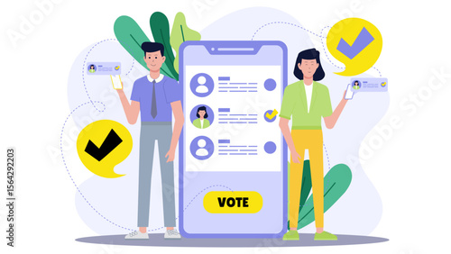Two people using phones to vote online, choosing candidates. Suitable for political campaigns, election promotions, digital voting concepts, and social media.