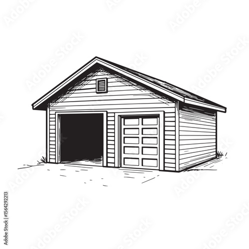 Vector illustration of a simple garage with an open door and closed door on a white background