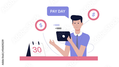 Man smiling, receiving 2000 dollar payday on the 30th. Suitable for financial concepts, payday themes, happiness, money management, and budgeting.