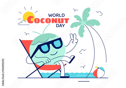 World Coconut Day Vector Illustration on September 2nd featuring Coconut Trees, Flowers, Tropical Leaves, and a Beach in a Flat Style Background
