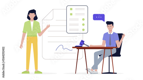 Legal consultation depicted with documents and a gavel, ideal for law firms, attorneys, legal advice, and justice related concepts in design.