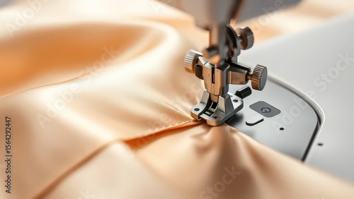 Close-up studio shot of a sewing machine stitching beige satin fabric