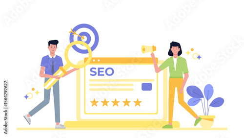 Two individuals promote SEO online, aiming for five star reviews and top rankings. Suitable for websites, blogs, social media campaigns promoting SEO services and techniques.