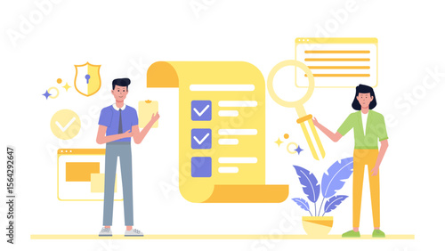 Two people review a checklist with a magnifying glass. Perfect for business, teamwork, quality control concepts in presentations and designs.
