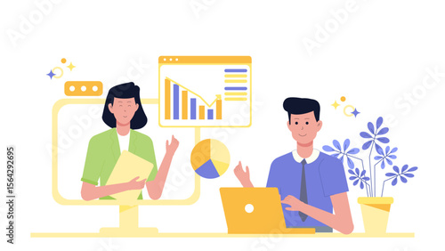 Virtual meeting with charts and a laptop perfect for presentations, online conferences, webinars, business meetings, remote work concepts.