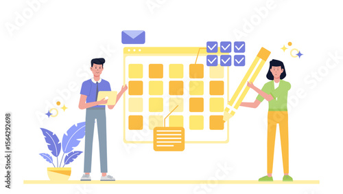 Two people using digital calendar to plan tasks. Suitable for time management, scheduling, productivity concepts, business meetings, and teamwork visuals.