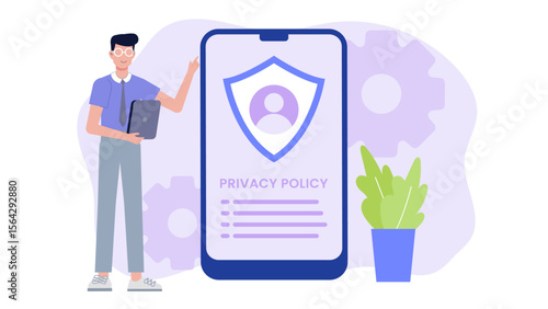 Man explains phone privacy policy, suitable for tech websites, security blogs, business presentations, data protection concepts, and online privacy discussions.