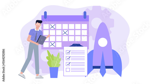 Man using calendar checklist to plan project with rocket. Suitable for project management, goal setting, productivity, and business planning concepts.