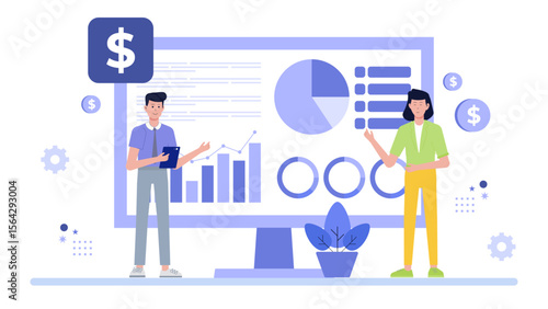 Ideal for business presentations, financial reports, or investment websites. Shows two individuals discussing and analyzing data charts together.