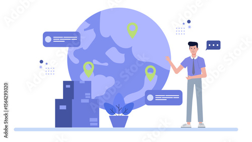 Man pointing at global map, showing locations. Suitable for presentations, articles, and infographics on worldwide topics and travel. Perfect for educational materials.