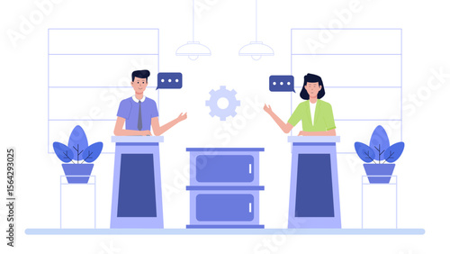 Two people confidently presenting ideas at a business meeting. Suitable for professional presentations and corporate marketing materials.