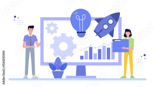Business people strategizing for a startup success. Suitable for business presentations, entrepreneurship blogs, marketing materials, and workplace themed designs.