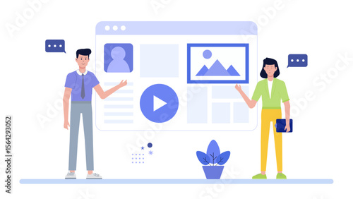 Two people showcase website multimedia content. Ideal for showcasing digital marketing collaboration, website design or social media teamwork concepts.