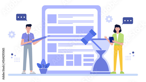 Two people reviewing a document with a gavel and hourglass, perfect for legal, time sensitive, contract, or decision-making concepts.