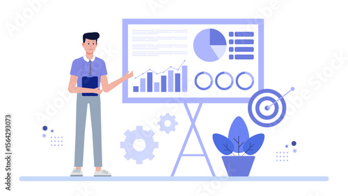 Man presenting business data charts for corporate presentations, financial reports, market analysis, annual reviews, and sales pitches on digital platforms.