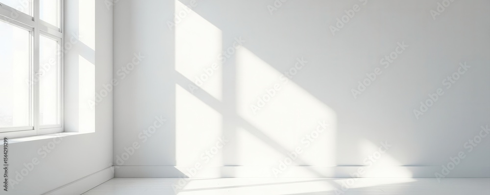Fototapeta premium Bright white wall, window light casts shadows, clean minimalist setting, shadows, advertising, neutral