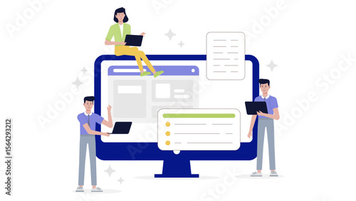 People working collaboratively on a large computer screen, suitable for teamwork concepts, office collaboration, technology presentations, and software development.