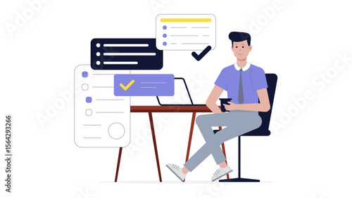 Man works at a desk with a laptop, focused on completing tasks. Suitable for business, freelance, remote work, technology concepts.